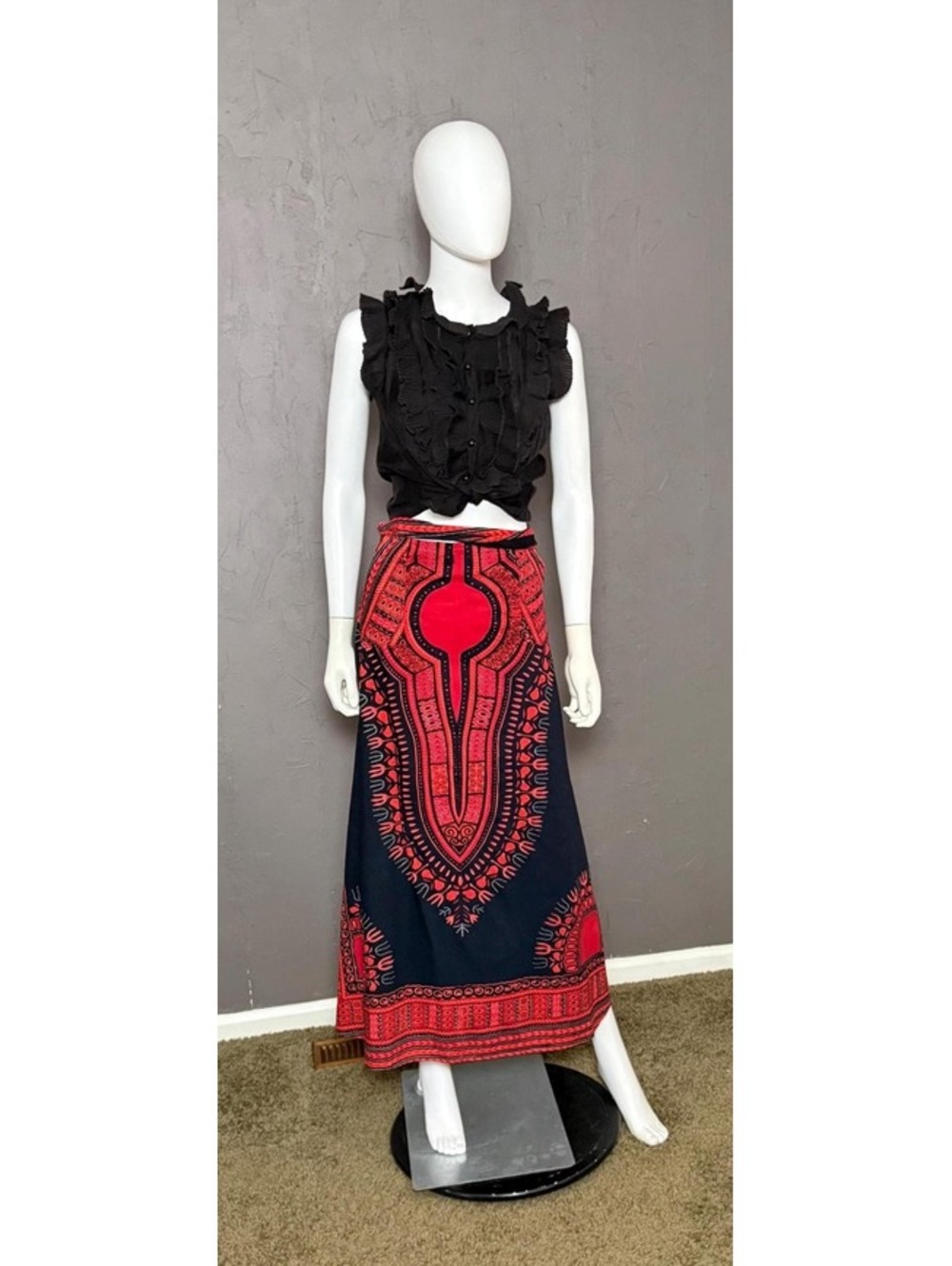 1970's Maxi Wrap Skirt Black + Red African Print Fabric Adjustable Size XS-XL